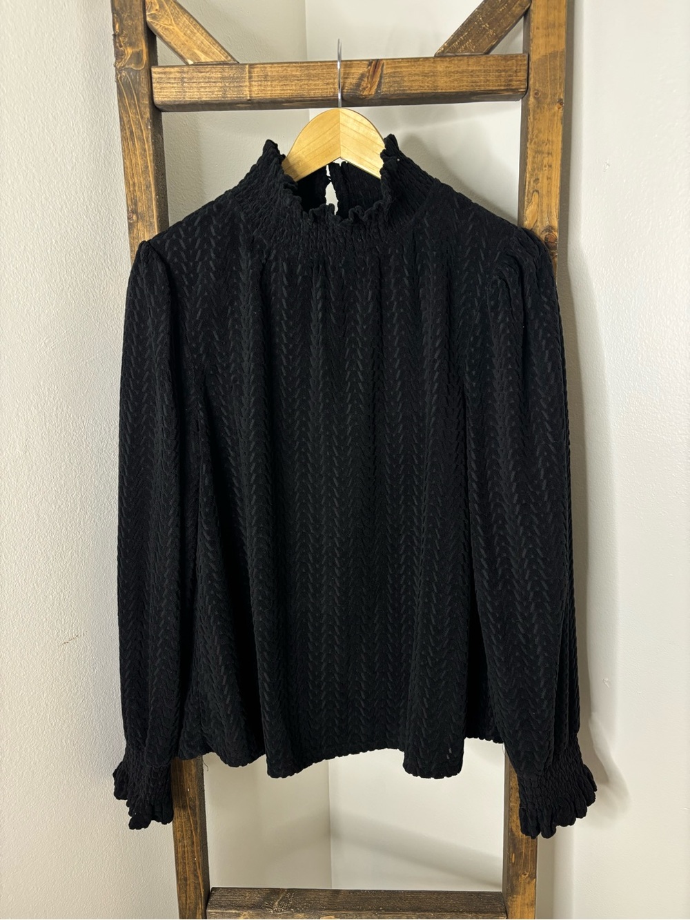 VOY Classic Black Smocked Neck Long Sleeve Top Size M